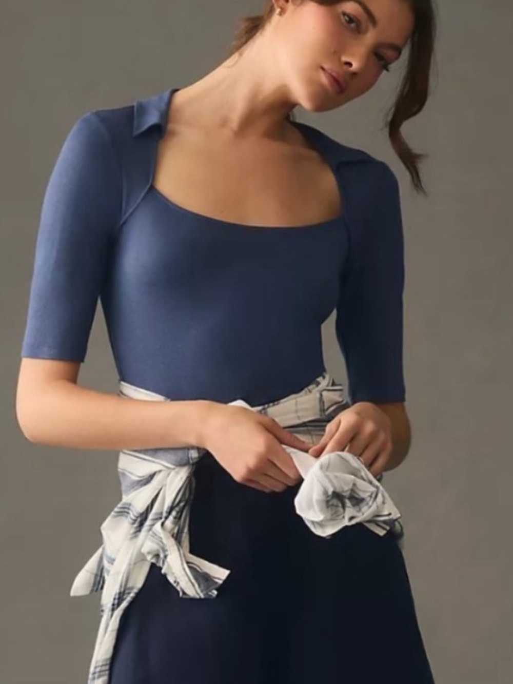Anthropologie Navy Blue Collared Square Neck 3/4 Length Sleeve Blouse Small